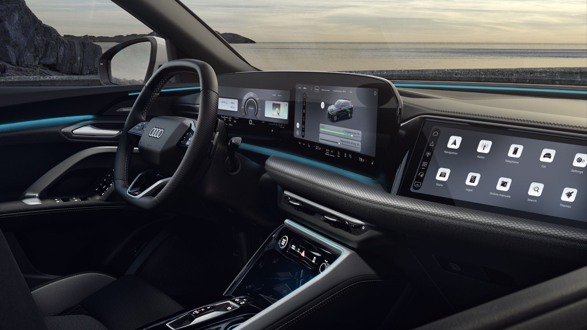 A view inside the cockpit of the Q5 SUV e-hybrid. Among other features, the panoramic display and the MMI passenger display can be seen, as well as the interactive lighting at the bottom edge of the windscreen.