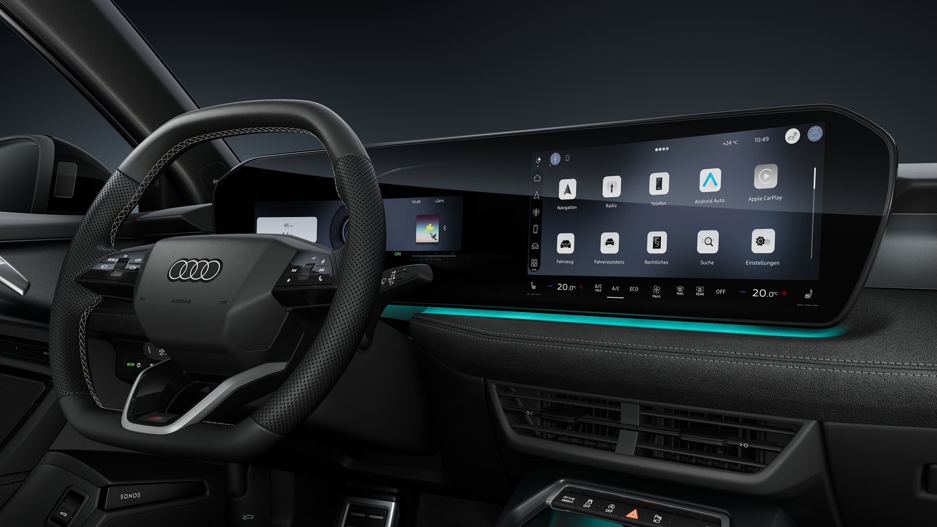 A side view of the cockpit, featuring the sports steering wheel, the curved panoramic display and the ambient lighting.