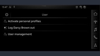 An Audi dashboard screen displaying the User screen with the 'User management' option visible