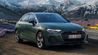 Grüner Audi A3 steht auf Landstraße vor schneebedeckten Bergen und blühenden Wiesen.