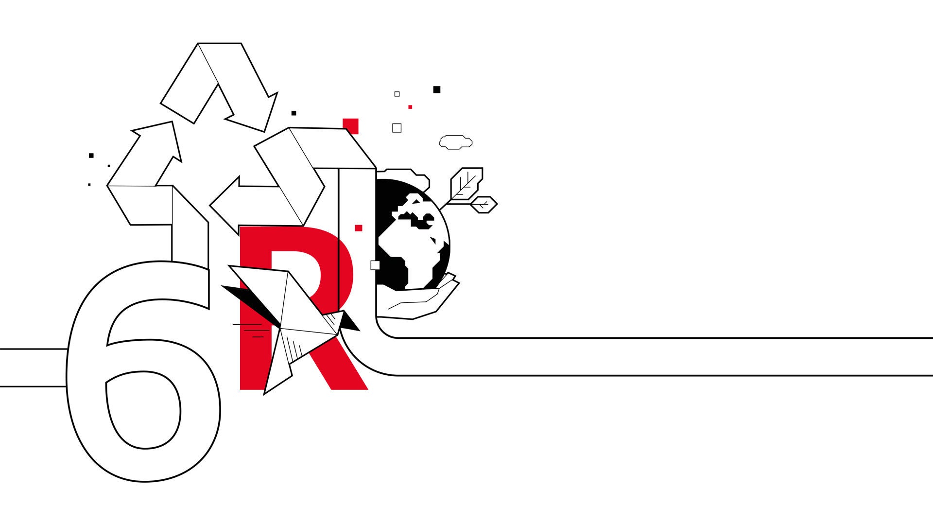 Number 6 with recycling symbol, origami bird and hand holding a globe with leaves - a symbol of sustainability.