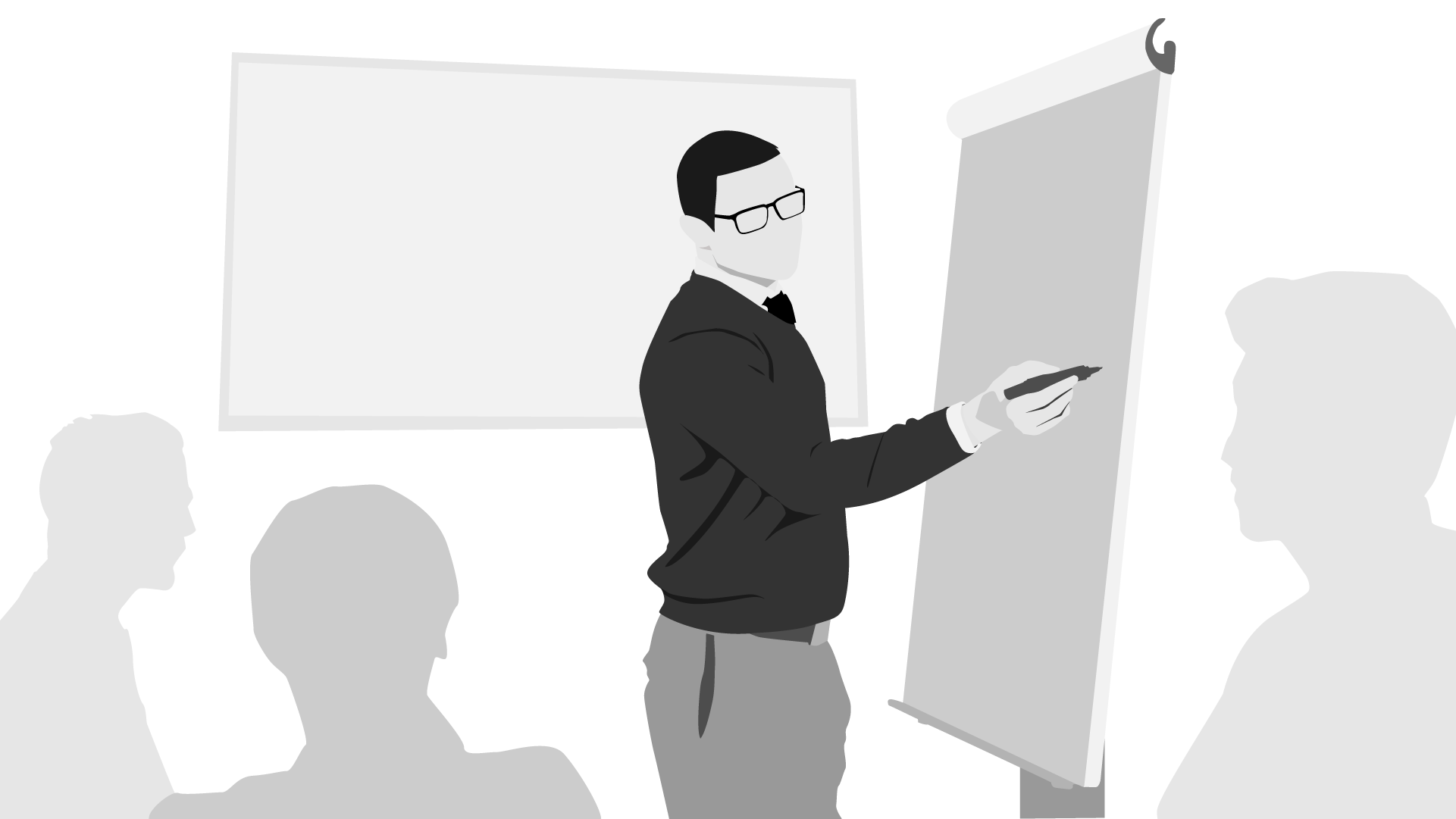 Illustration of a man with glasses in front of a flipchart, in the background the silhouettes of listeners
