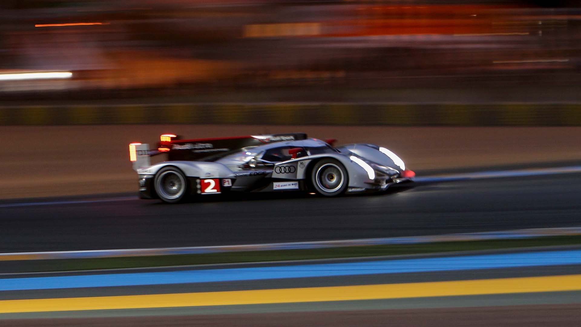 A picture showing the victorious Audi R18 TDI on track at Le Mans in 2011.