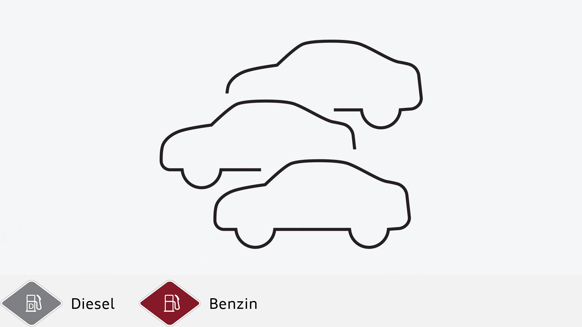Drei stilisierte Fahrzeugumrisse als schwarze Liniengrafik auf hellgrauem Hintergrund. Unten graues Dieselsymbol und rotes Benzinsymbol.