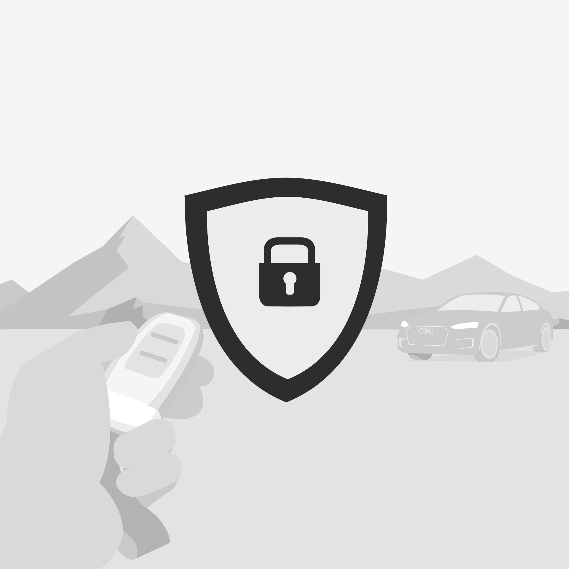 Black and white graphic of an emblem with a padlock symbol. Behind it, a hand with an electronic vehicle key and a vehicle in front of a mountain backdrop.