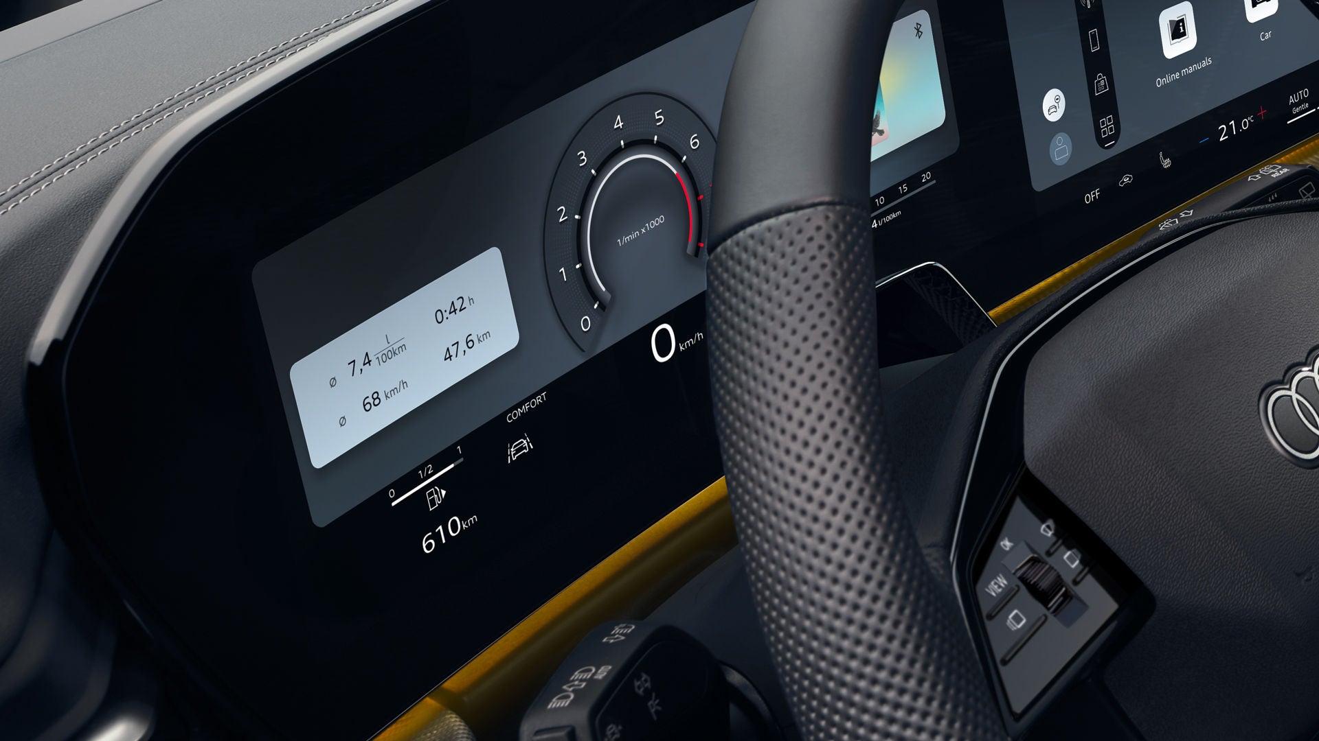 Een close-up van de Audi virtual cockpit plus, die zich achter het stuur bevindt.