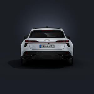 Audi A6 allroad e-hybrid, sedd framifrån och bakifrån mot en mörk bakgrund.