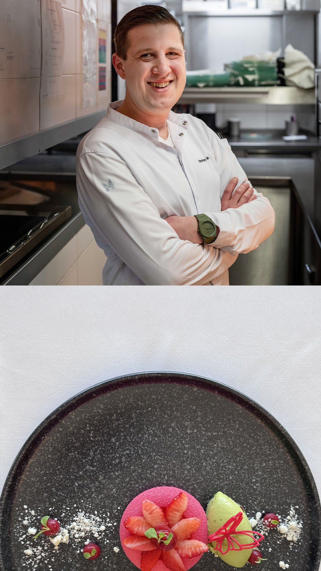 Zweiteiliges Bild: links ein fein angerichtetes Dessert mit Erdbeeren auf schwarzem Teller, rechts ein lächelnder Koch in weißer Jacke.