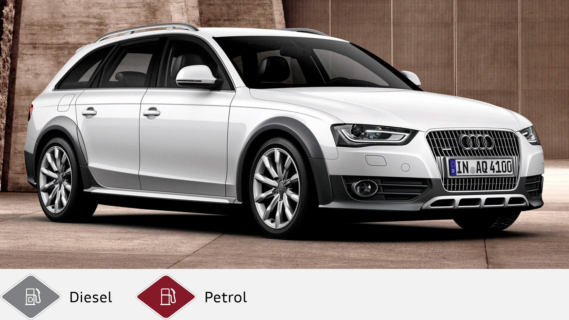 White Audi A4 allroad quattro standing in front of concrete wall, side-front view. Gray diesel symbol and red petrol symbol at the bottom.