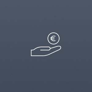 A minimalist illustration of an outstretched hand holding a Euro coin. The image conveys themes of finance, giving, or receiving money on a light grey background.