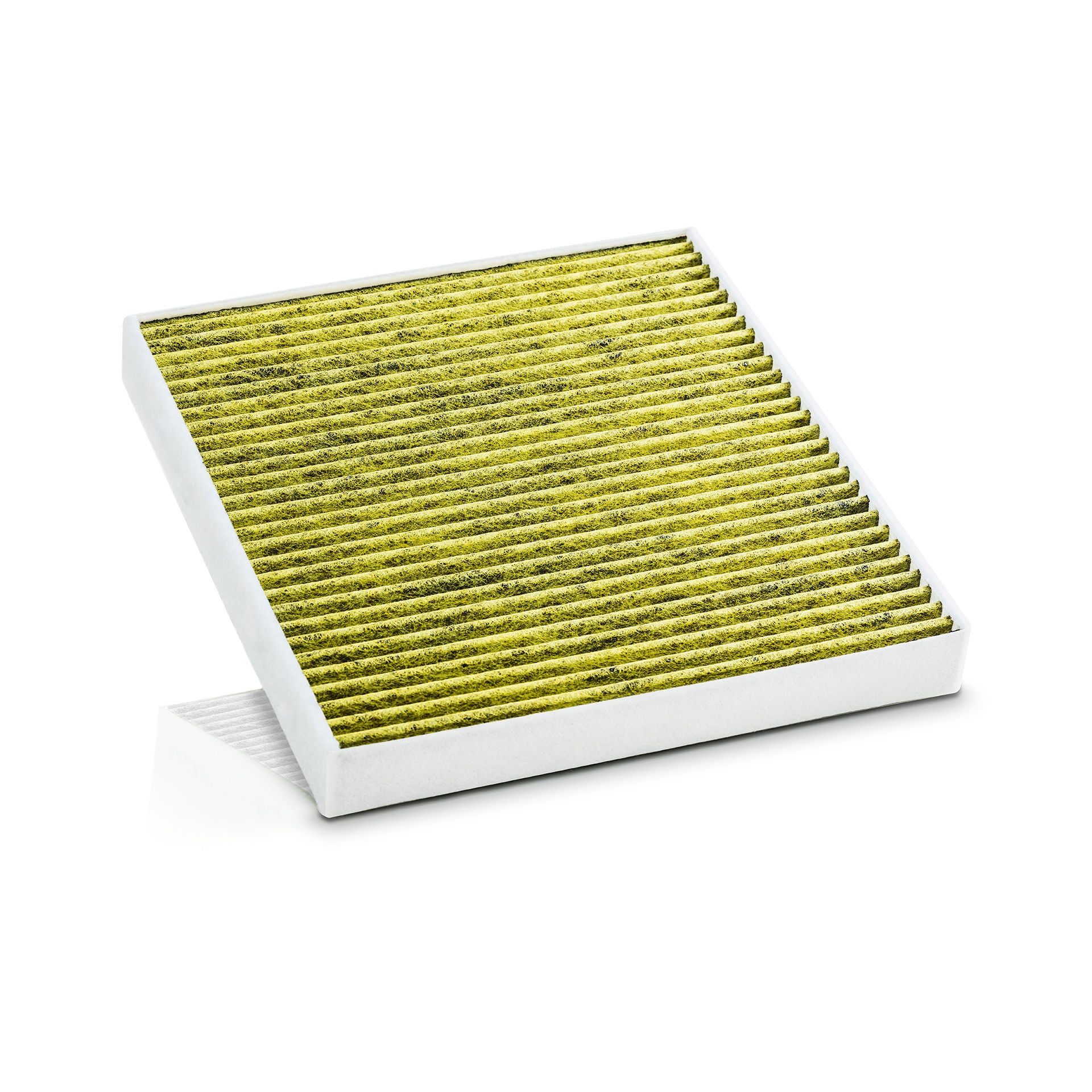 Gelber, rechteckiger Innenraumfilter mit sichtbarer Filterstruktur auf weißem Hintergrund.