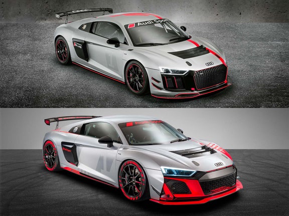 Two studio photos showing the 2017 and 2020 versions of the Audi R8 LMS GT4.