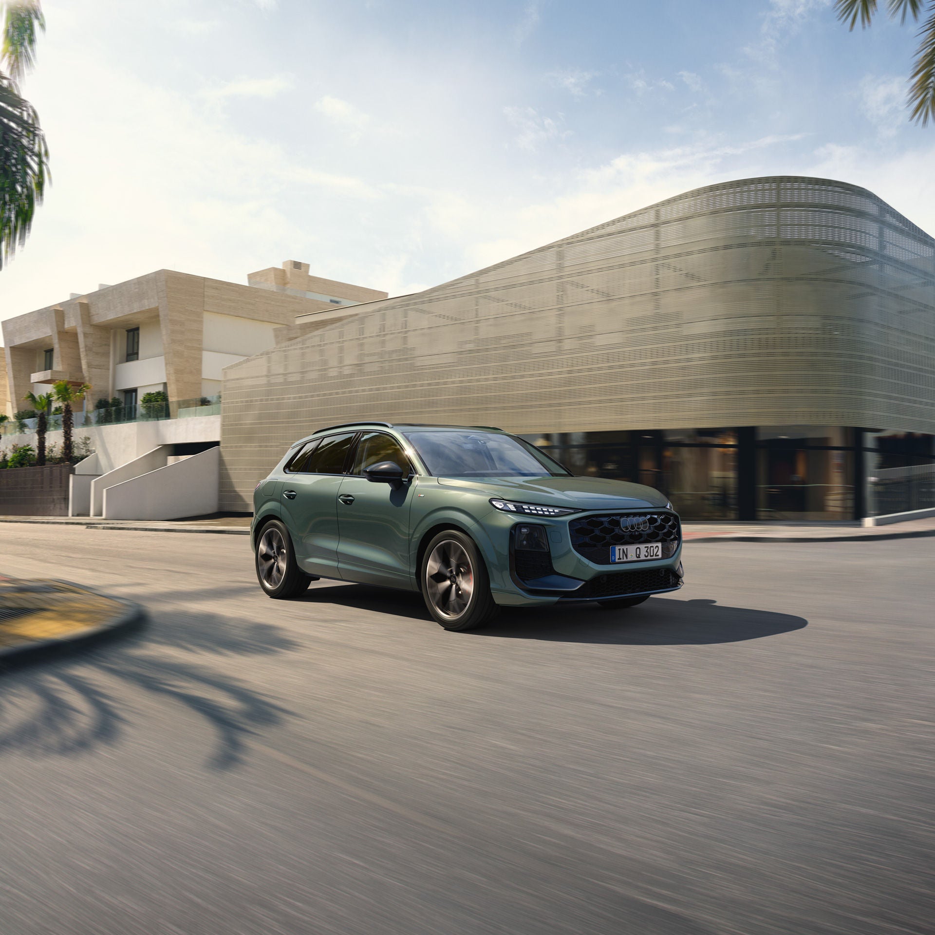 Ein grüner Audi Q3 SUV fährt auf einer Straße. Am Rand sind Palmen zu sehen.