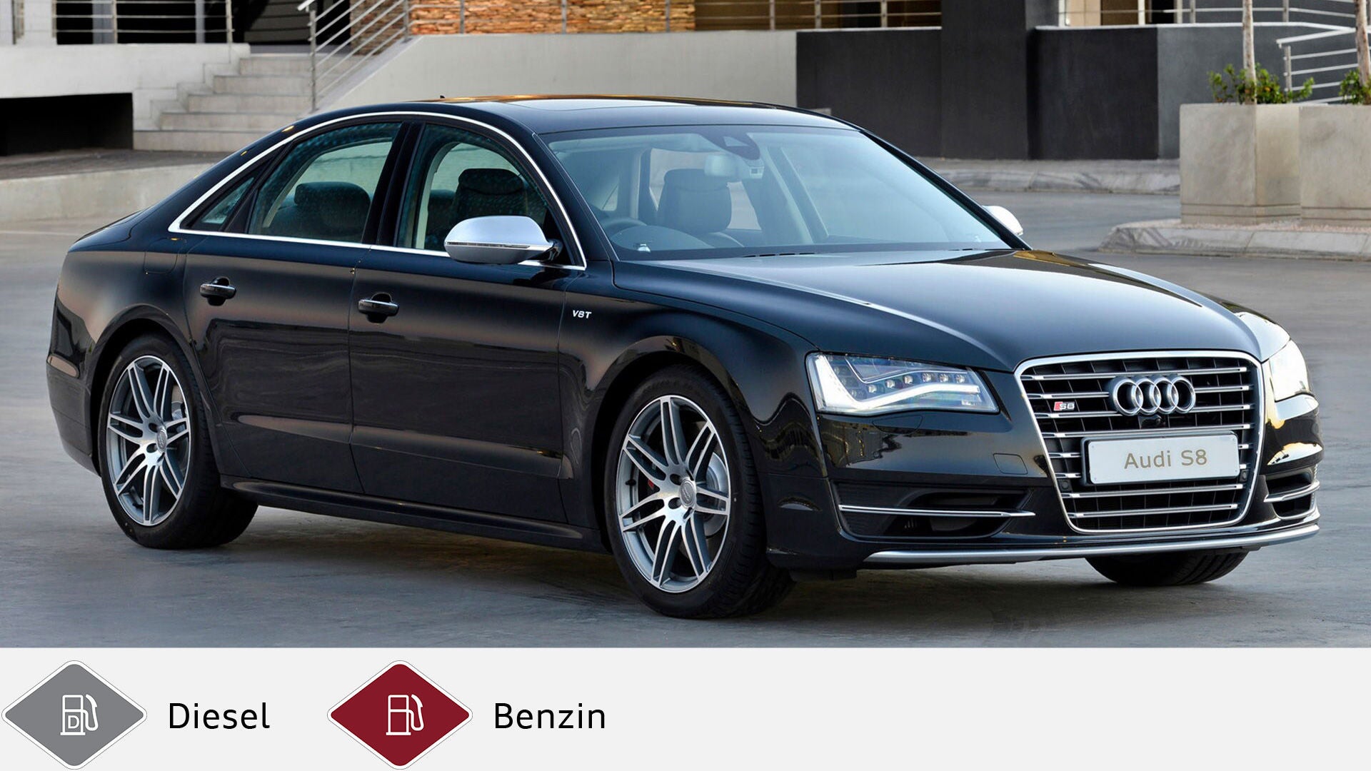 Schwarzer Audi S8 mit silbernen Spiegeln steht auf Betonfläche vor moderner Architektur. Unten graues Dieselsymbol und rotes Benzinsymbol.