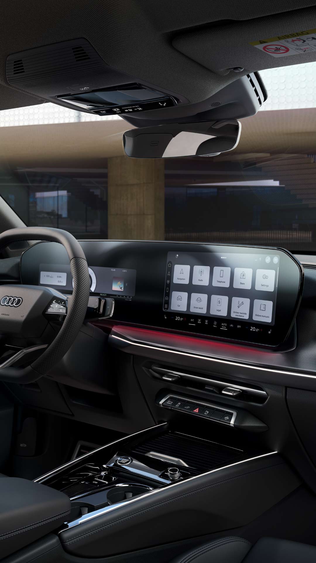 The interior of the Q3 Sportback e-hybrid with steering wheel, panoramic display, and red ambient lighting package.