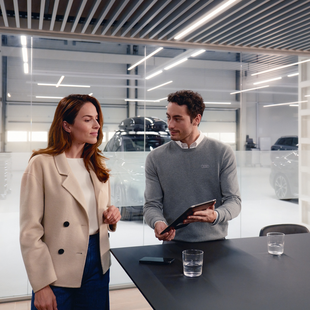 Servicemedarbejder i samtale med en dame