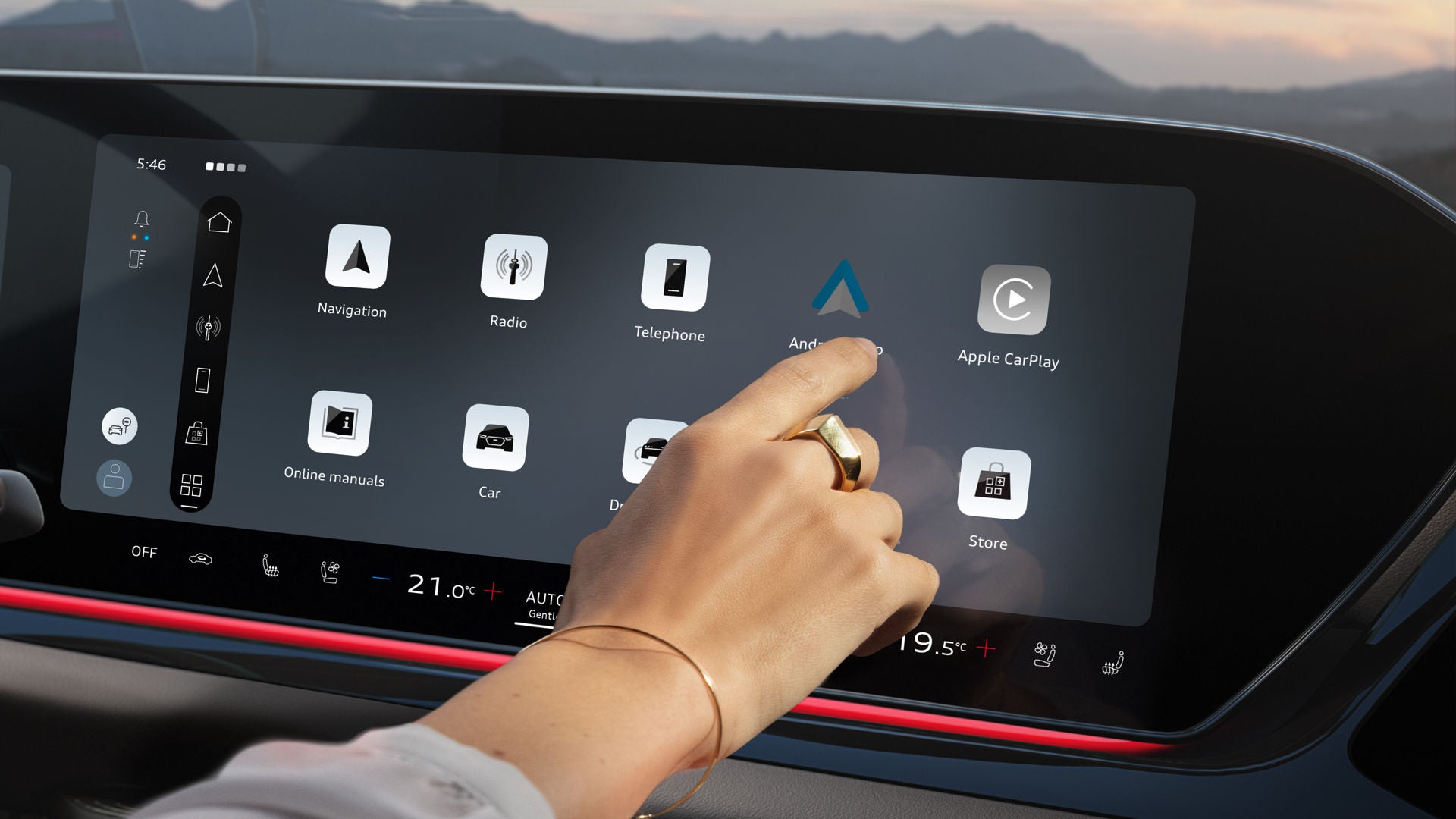 Close-up of a woman selecting the Android Auto app on the MMI display of the A6 Saloon.