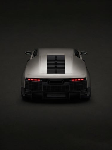 Bovenaanzicht van de Audi Nuvolari van achteren schuin. Terwijl u naar beneden scrollt, verandert de echte foto in een schets vanuit hetzelfde perspectief.