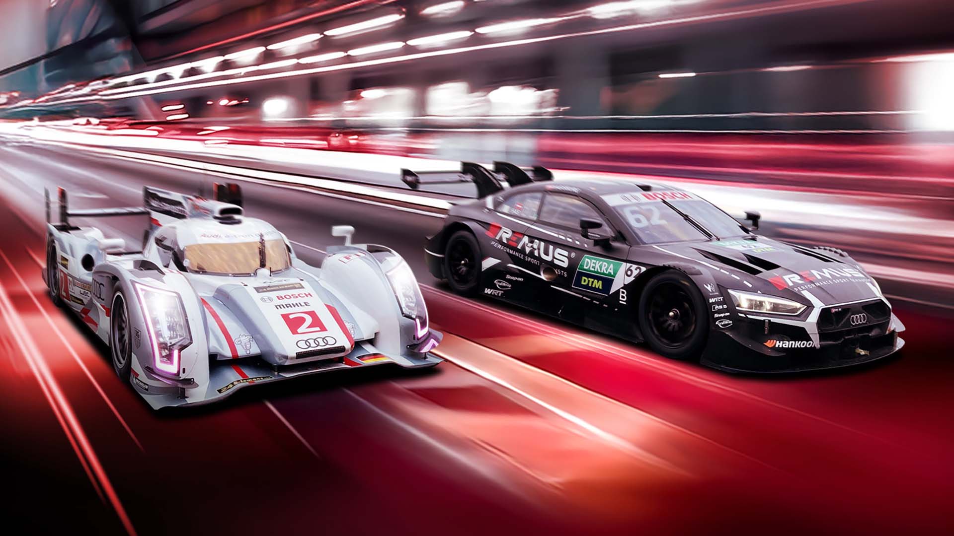 A picture showing a red background design depicting speed with the Audi R18 e-tron quattro and Audi RS 5 DTM race cars alongside each other.