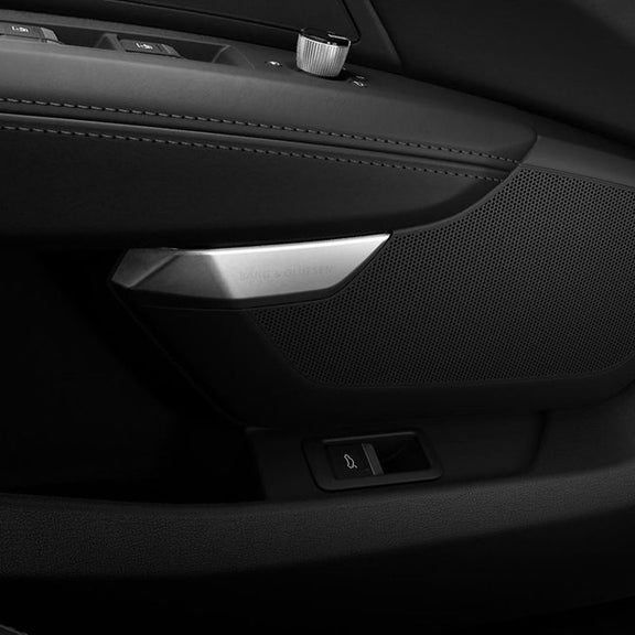 Close-up of a car door interior featuring a Bang & Olufsen speaker, sleek controls, and textured black leather upholstery.