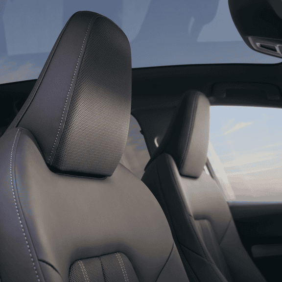 Interior view of a car's modern leather seats with a focus on headrests.