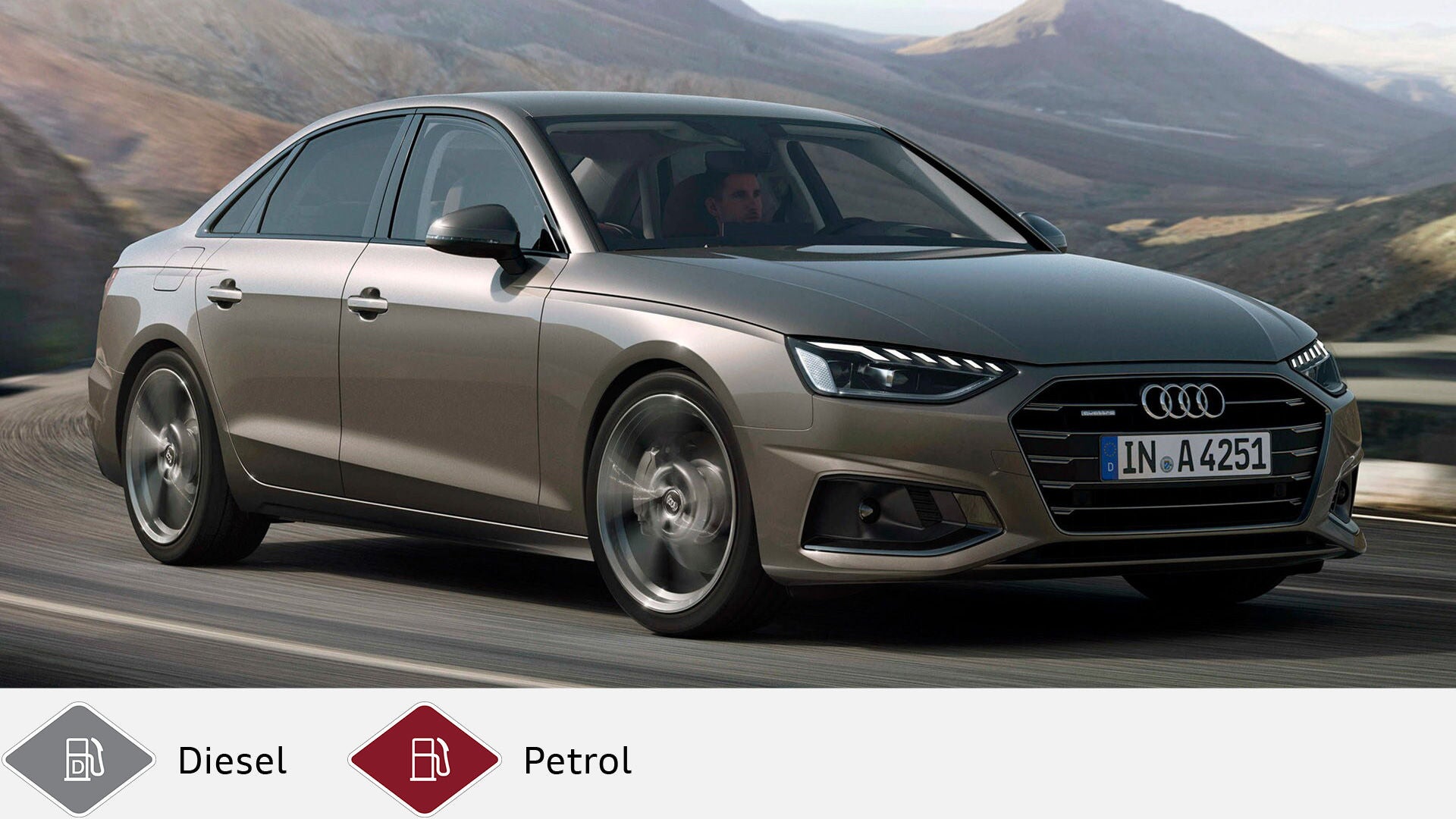 Brown Audi A4 sedan cornering on a mountain road, driver recognizable. Gray diesel symbol and red petrol symbol at the bottom.
