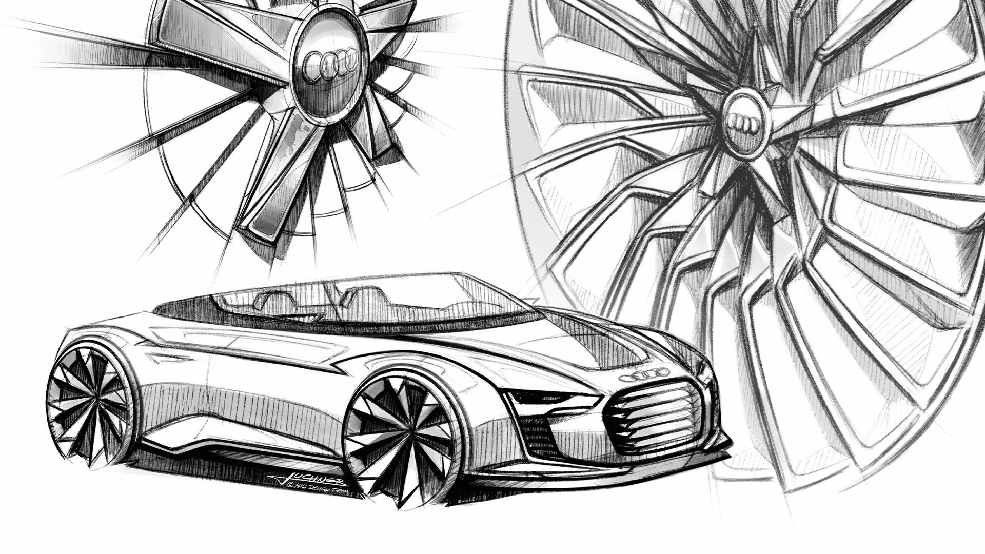 Skizze eines Audi Concept Cars mit detaillierten Felgendesigns und Audi-Logo in Schwarz-Weiß.