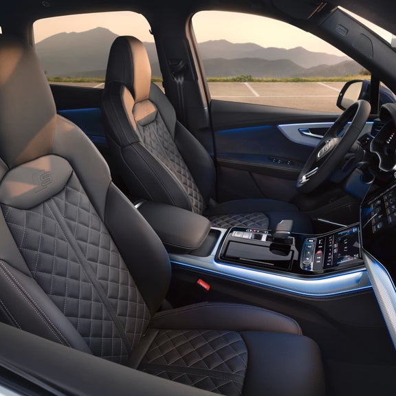 Internal view of driver and passenger seats with mountain range in the background.