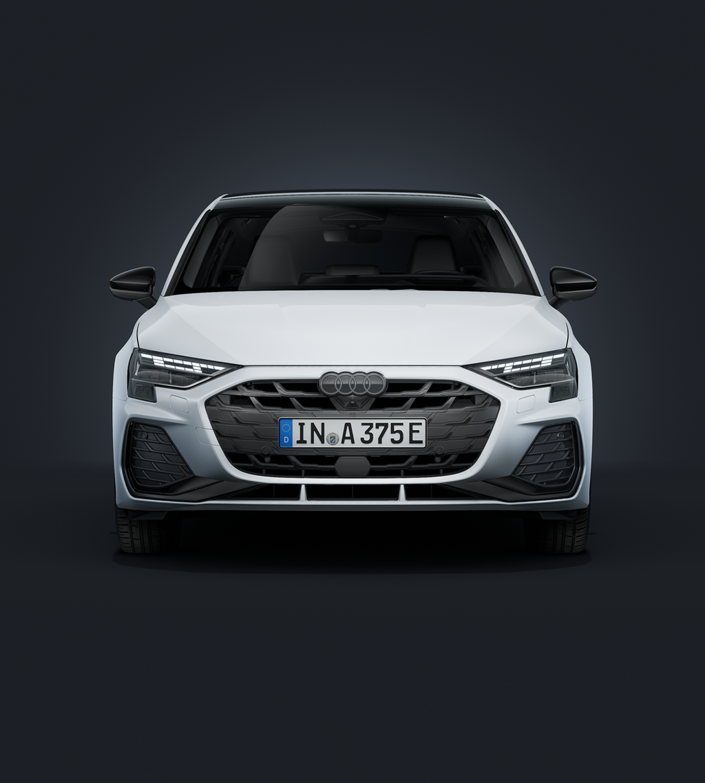 The Audi A3 Sportback e-hybrid, viewed head-on against a dark background.