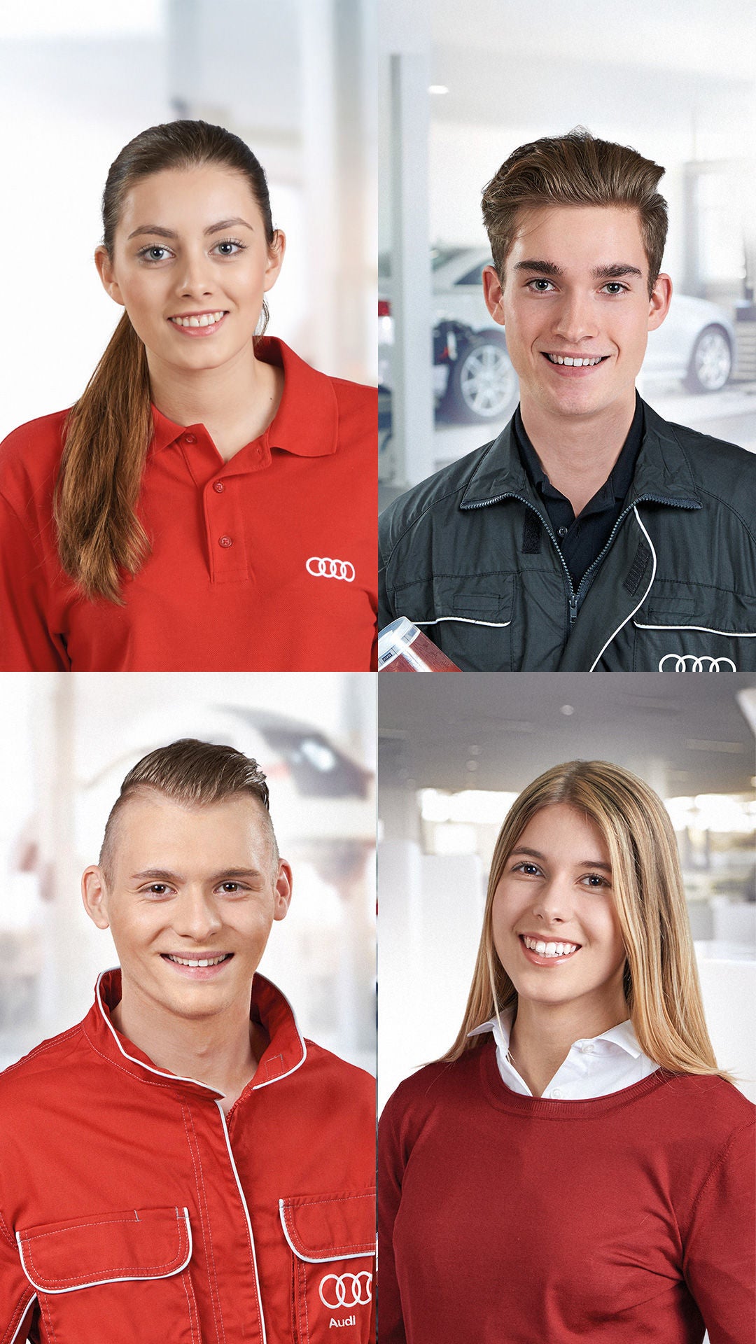 Kollage von drei jungen Menschen in Audi Arbeitskleidung in der Werkstatt, der Lackiererei und im Verkaufsraum.