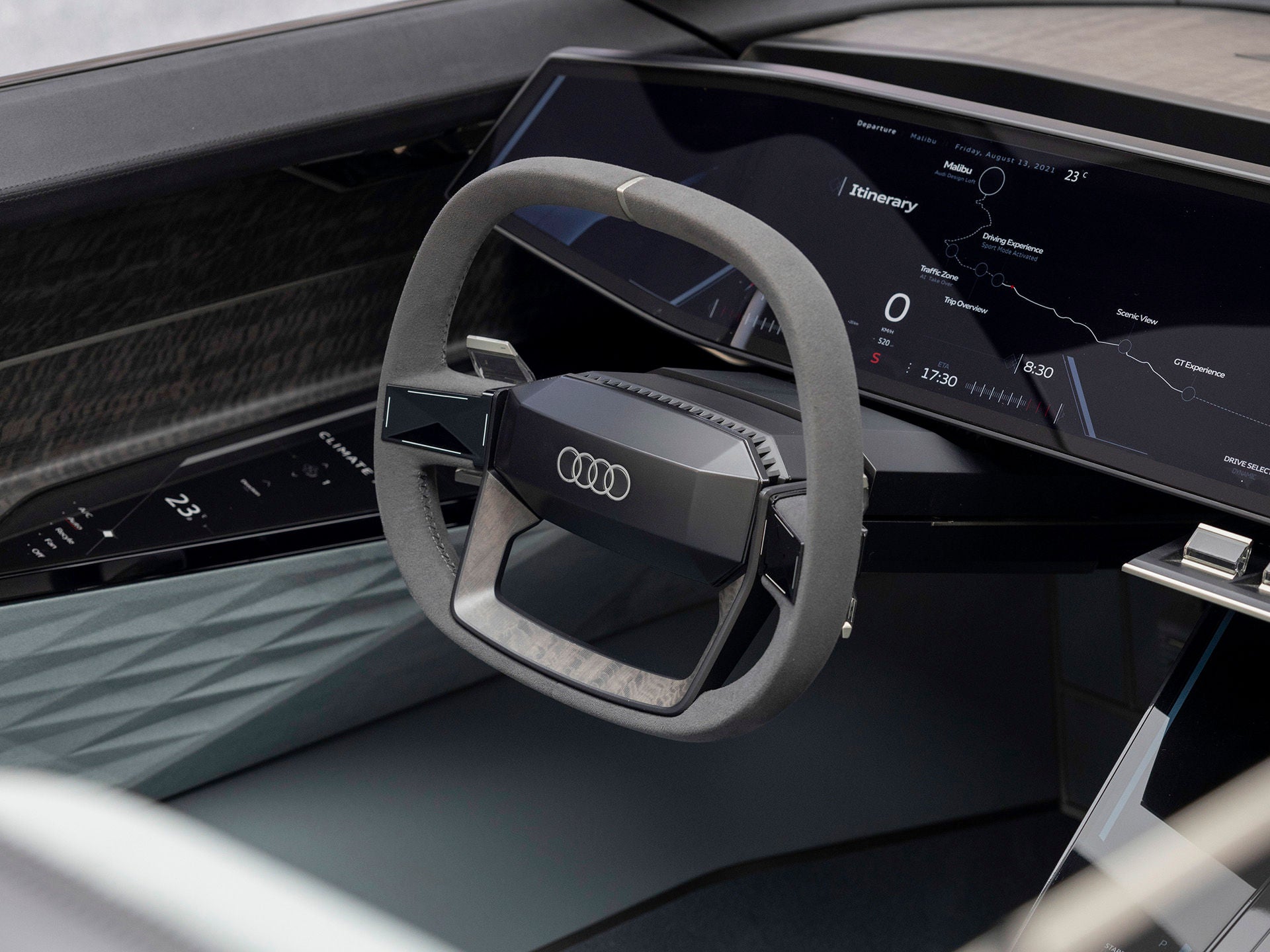 Cockpit of an Audi concept car with large display in the dashboard
