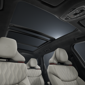 A view of the interior from the passenger side, focusing on the first two rows of seats and the panoramic glass roof.