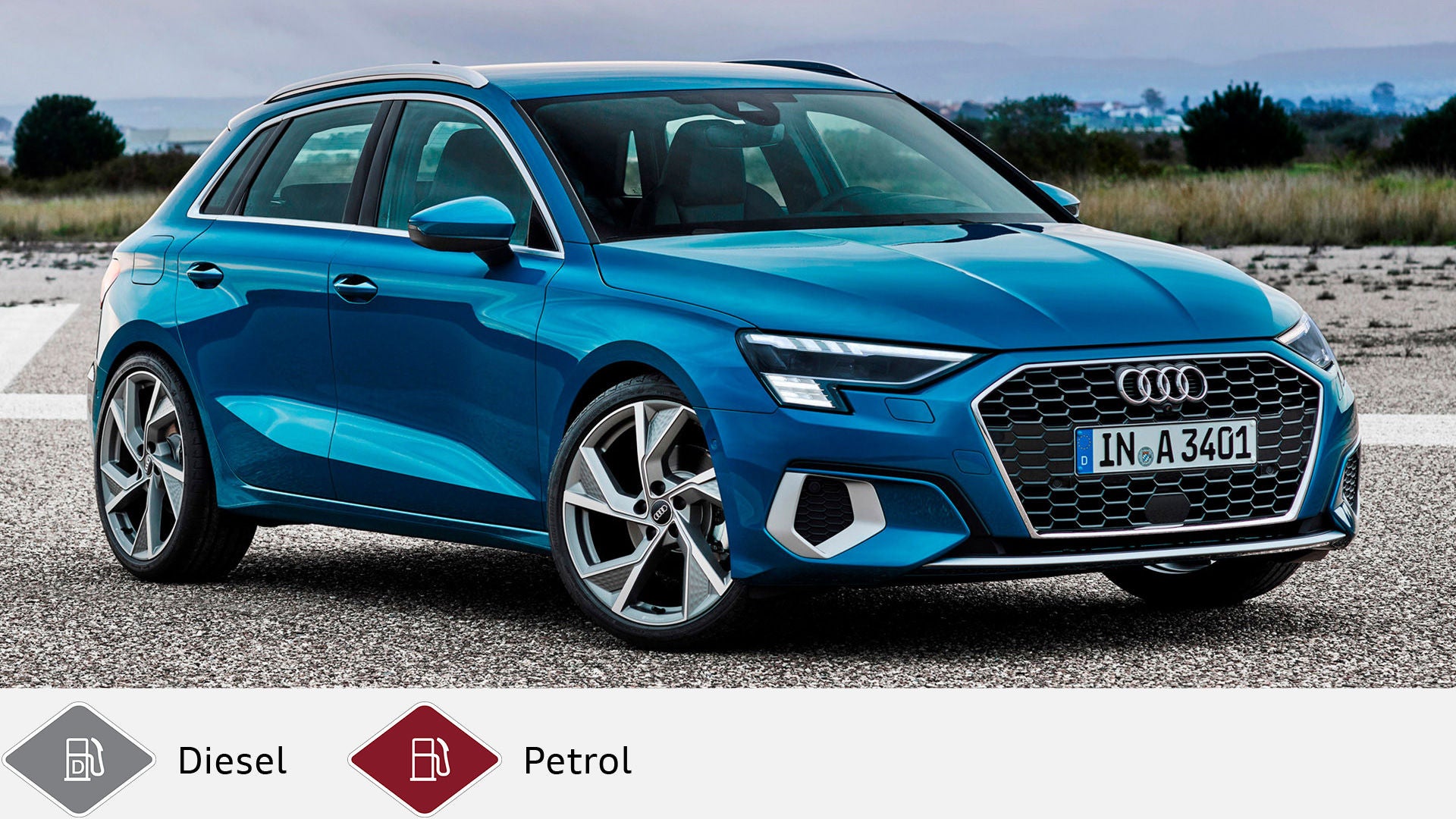 Blue Audi A3 Sportback standing on asphalt, meadow and sky in the background. Below, gray diesel symbol and red petrol symbol.