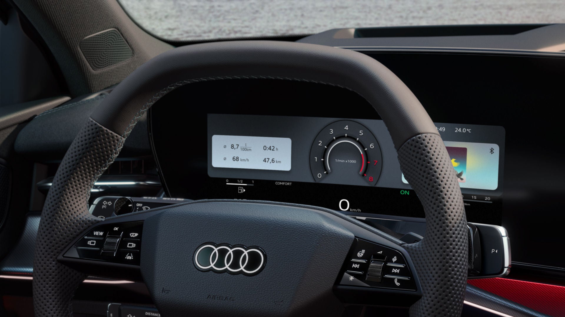 View of the steering wheel and digital displays of the Audi virtual cockpit plus.