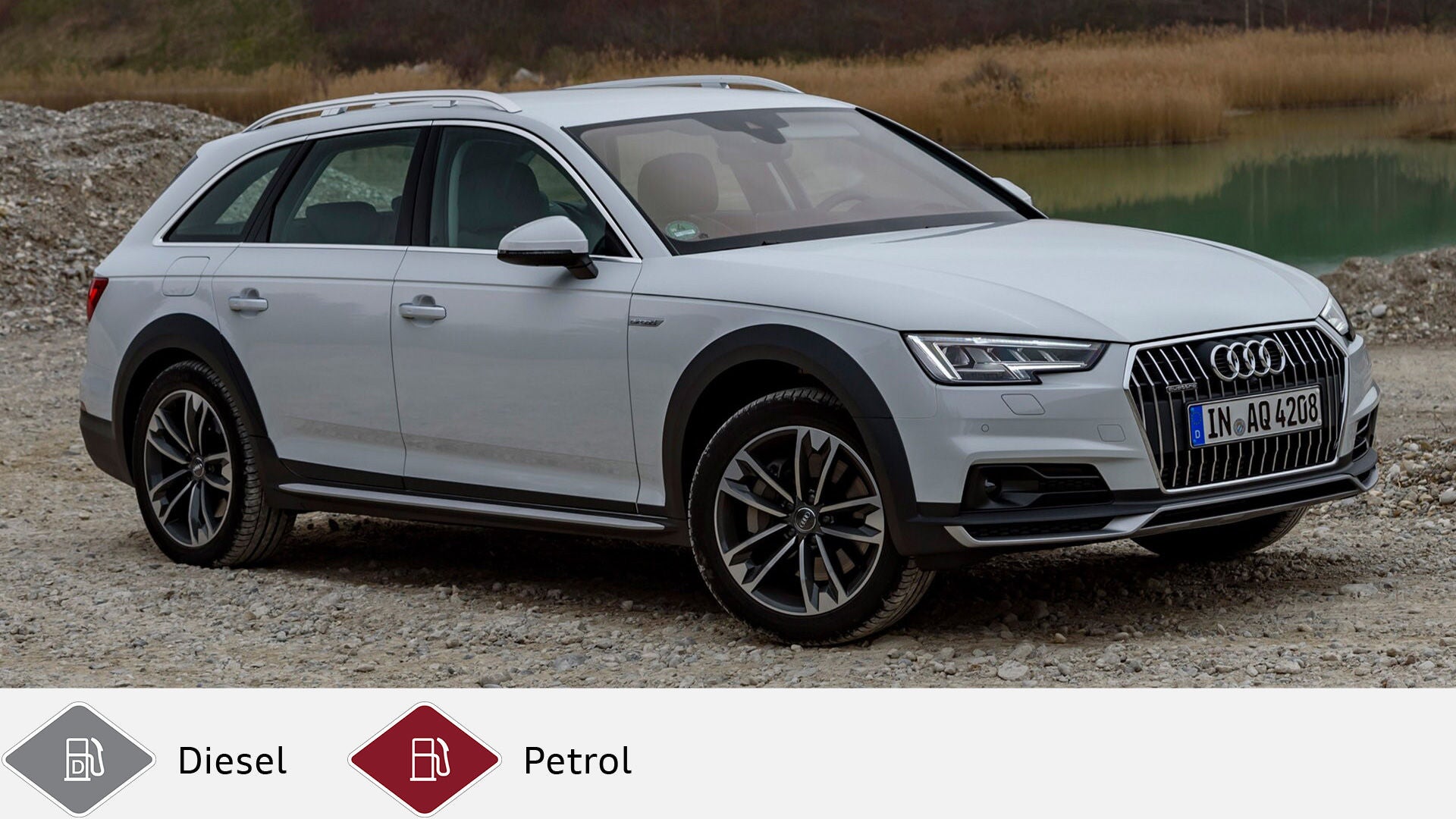 White Audi A4 allroad quattro in front of gravel pit, view from diagonally front left. Gray diesel symbol and red petrol symbol at the bottom.