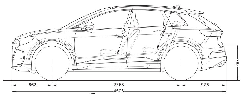 Audi Q4 SUV e-tron, mått från sidan
