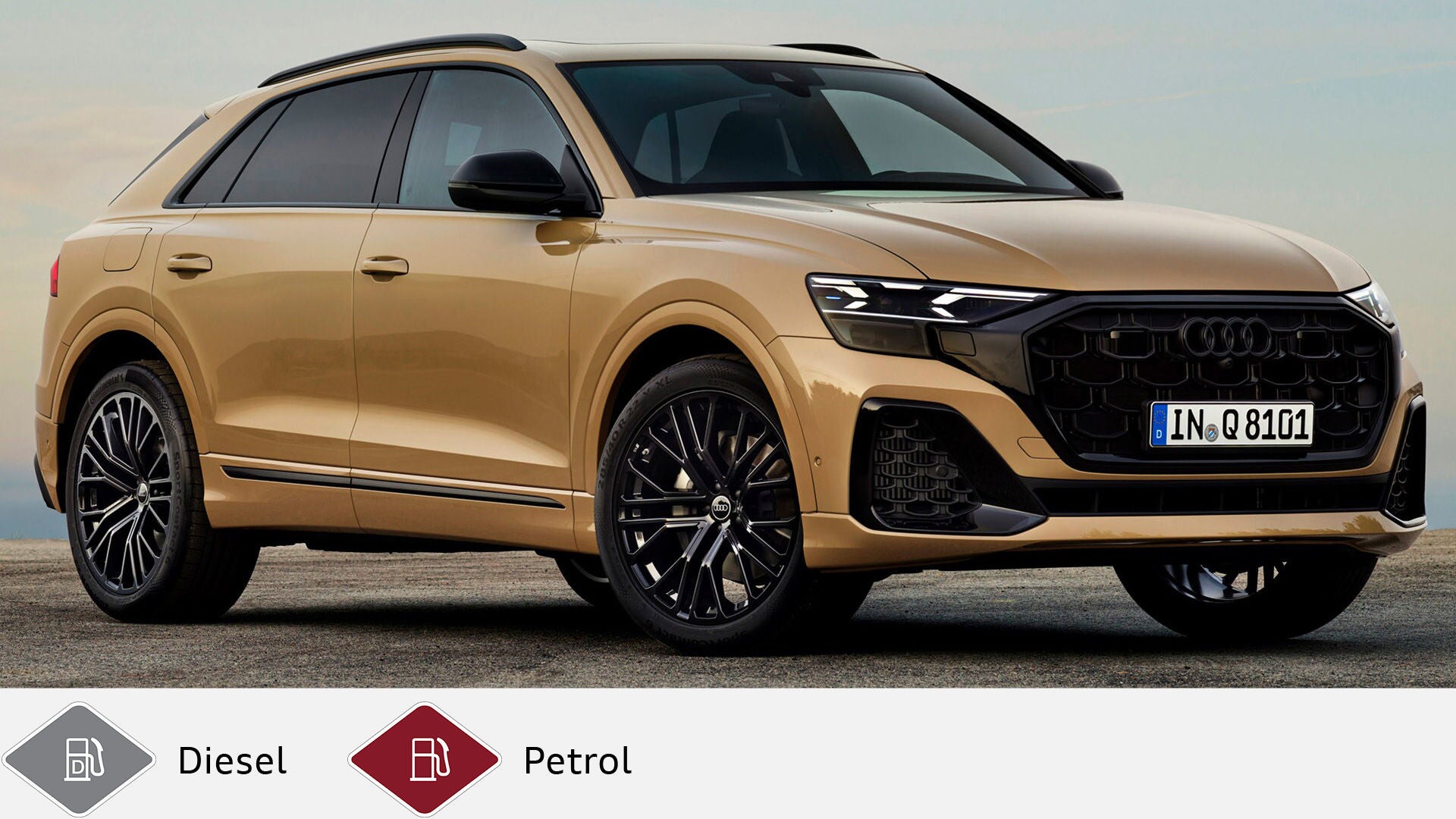 Side view of beige Audi Q8 SUV against a cloudy sky, parked on asphalt with black radiator grille and black rims. Below gray diesel symbol and red gasoline symbol.