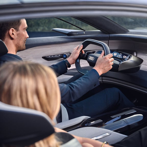Interior view of the Audi grandsphere concept in manual driving mode.