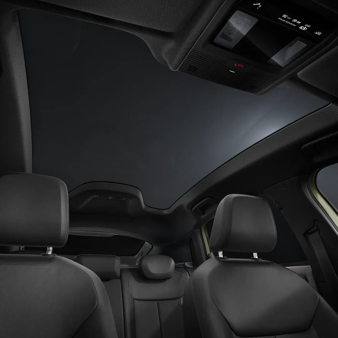 Panoramic glass sunroof interior view of the Audi A2 e-tron electric car with black leather seats