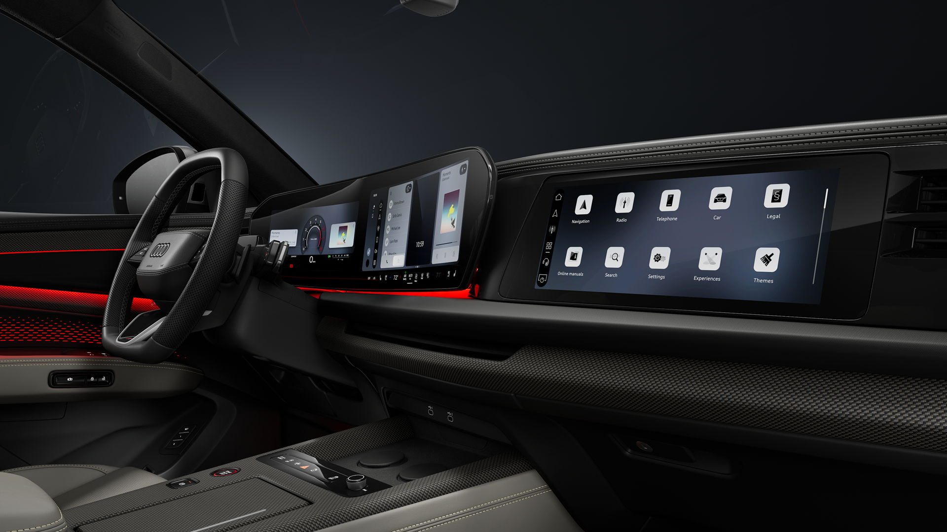View from the passenger side into the cockpit of the Audi SQ9 SUV. In the foreground are the steering wheel and the panoramic displays featuring the Audi Virtual Cockpit and the MMI display.