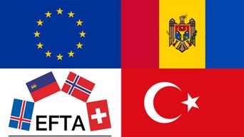 Collage with flags of the EU, Moldova, Turkey and EFTA countries: Liechtenstein, Norway, Iceland and Switzerland.
