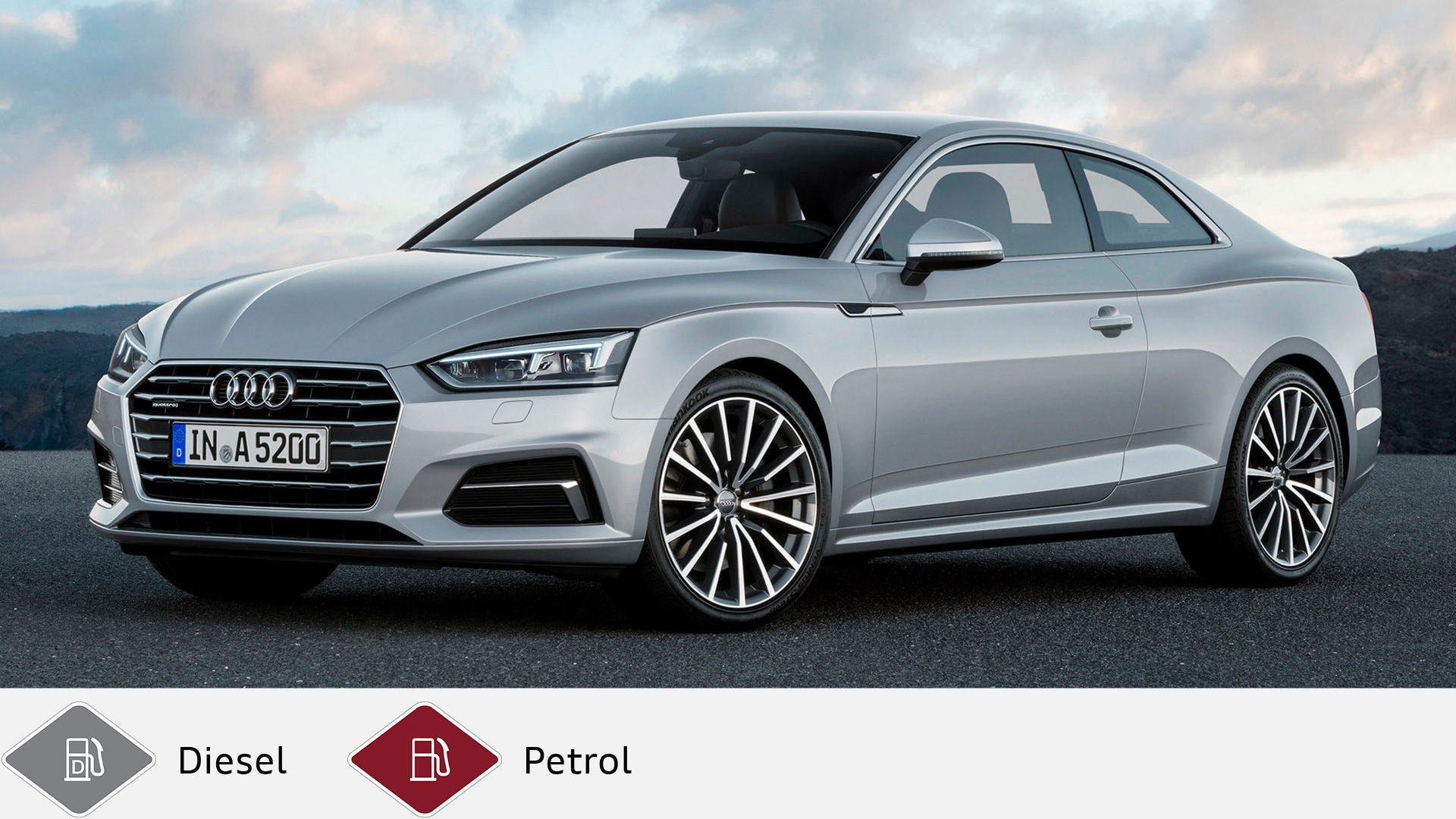 Silver Audi A5 Coupé (from 2016) with LED headlights in front of a mountain landscape. Gray diesel symbol and red petrol symbol at the bottom.