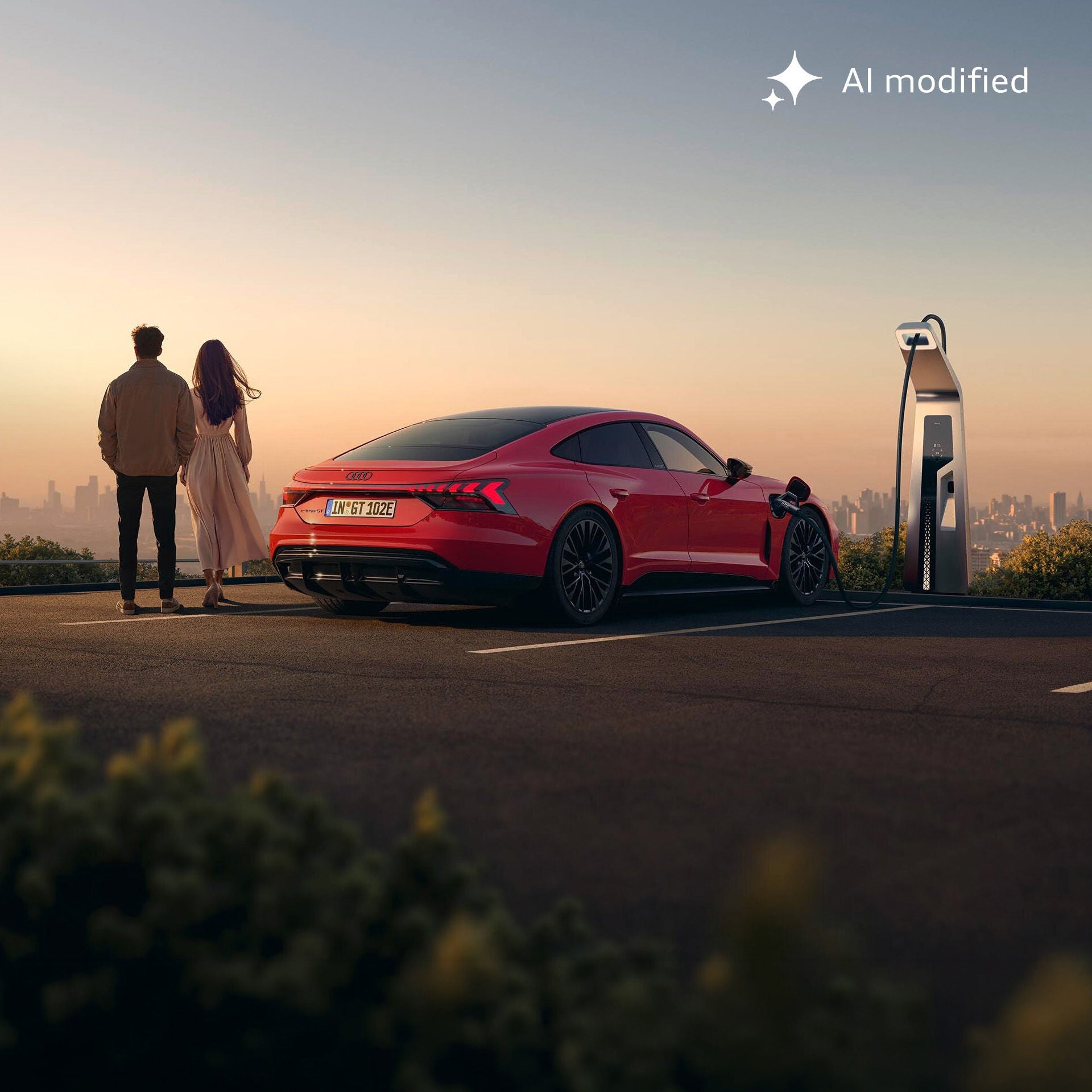  Ein Paar steht bei Sonnenuntergang an einem Aussichtspunkt und blickt auf die Stadt, während ihr roter Audi e-tron GT an einer Ladesäule aufgeladen wird.