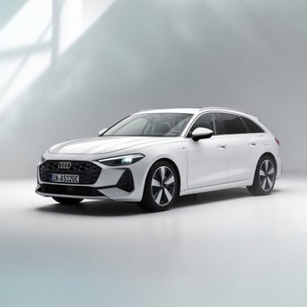 Ein weißer A5 Avant 220 kw e-hybrid steht seitlich vor einem beigen Gebäude