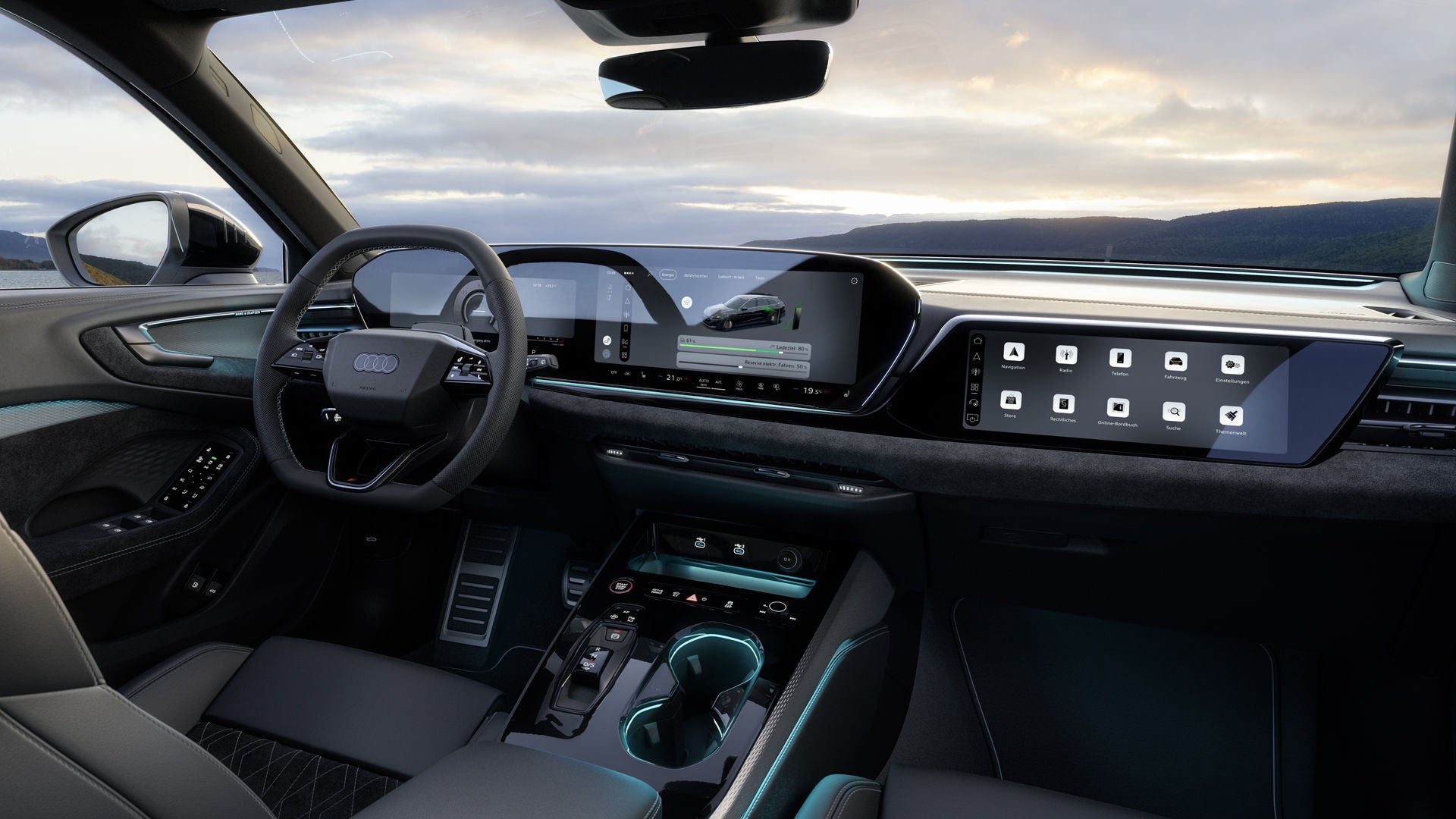 Blick auf das Cockpit und die Panoramadisplays des A5 Avant e-hybrid.