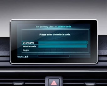 An Audi dashboard screen displaying the username & vehicle code fields on the Set primary user screen