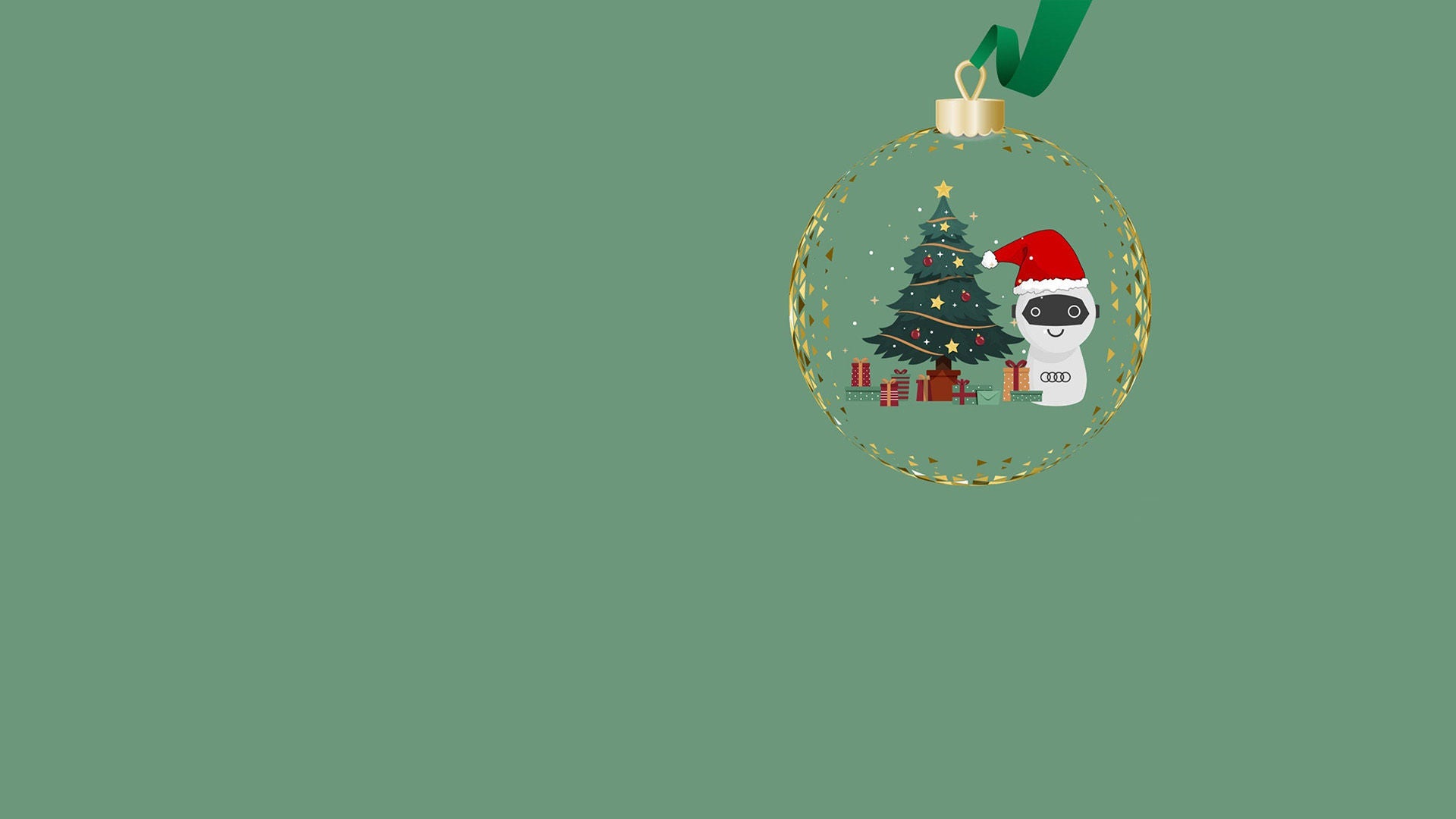 Weihnachtliche Glaskugel mit goldenen Mustern; darin ein geschmückter Tannenbaum, Geschenke und eine kleine Roboterfigur mit Weihnachtsmütze vor grünem Hintergrund.