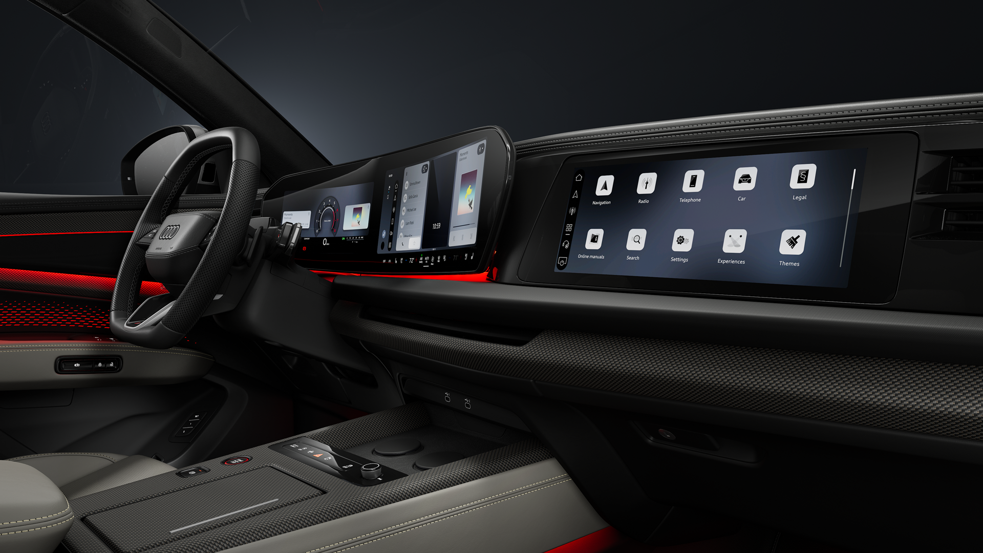 View from the passenger side into the cockpit of the SQ9 SUV. In the foreground are the steering wheel and the panoramic displays featuring the Audi Virtual Cockpit and the MMI display.