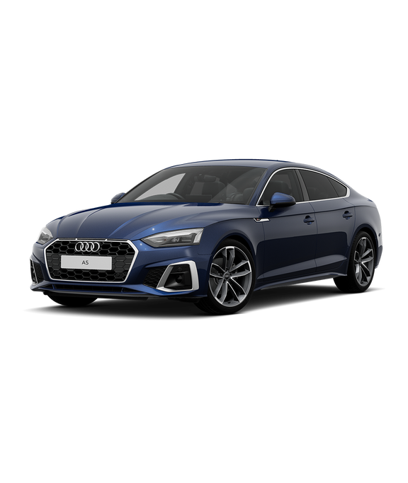 A blue Audi A5 Sportback s-line trim against a plain white background.