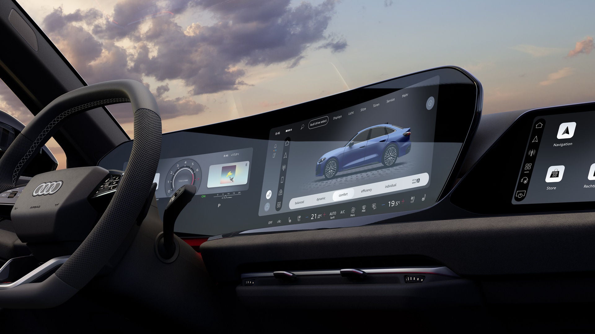 Innenraum und Cockpit des S5 Avant aus Beifahrerperspektive. Der Innenraum leuchtet in orangenem Ambiente Licht. 